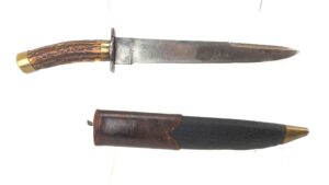 US Civil War, 1850-1860, Bowie Knife - Service Dagger with Leather Scabbard, Dated 1857, Embossed Lt. Col. R.W. Lewis