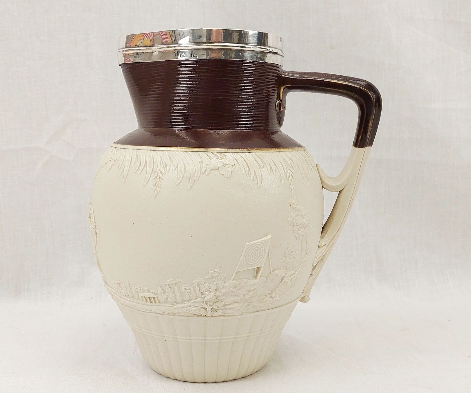 1796/7 John Turner Archery Scene Salt Glazed Stoneware Silver Rimmed Jug - Image 5