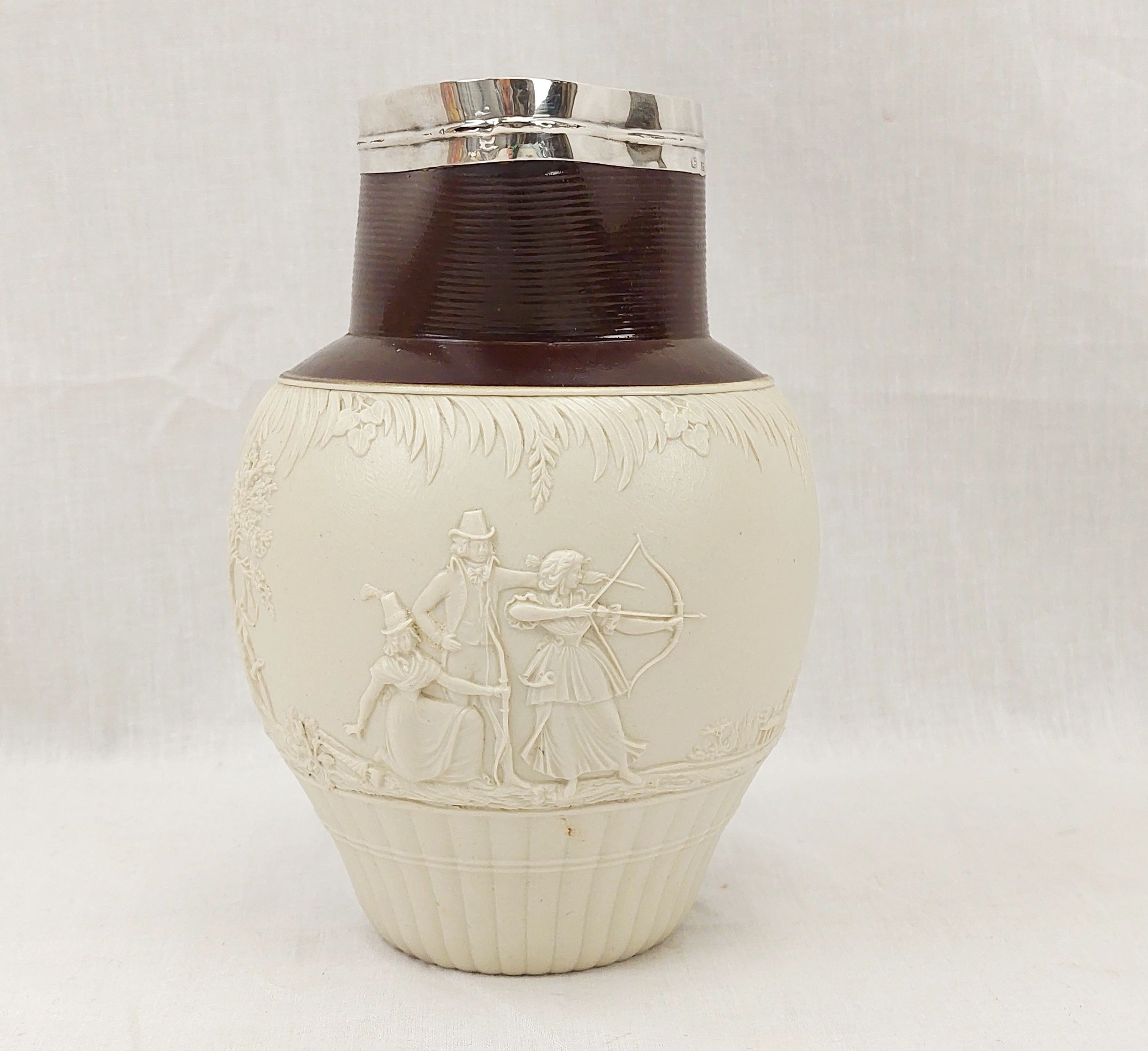 1796/7 John Turner Archery Scene Salt Glazed Stoneware Silver Rimmed Jug - Image 3