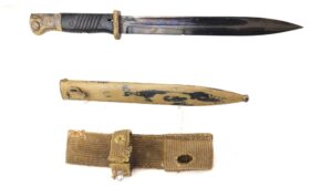 German, WWII, Afrika Korps K98 Bayonet (Seitengewehr 84/98 III) (‘1941 asw’) by E. & F. Hörster, With Tan Camouflage Scabbard & Rare Web Frog