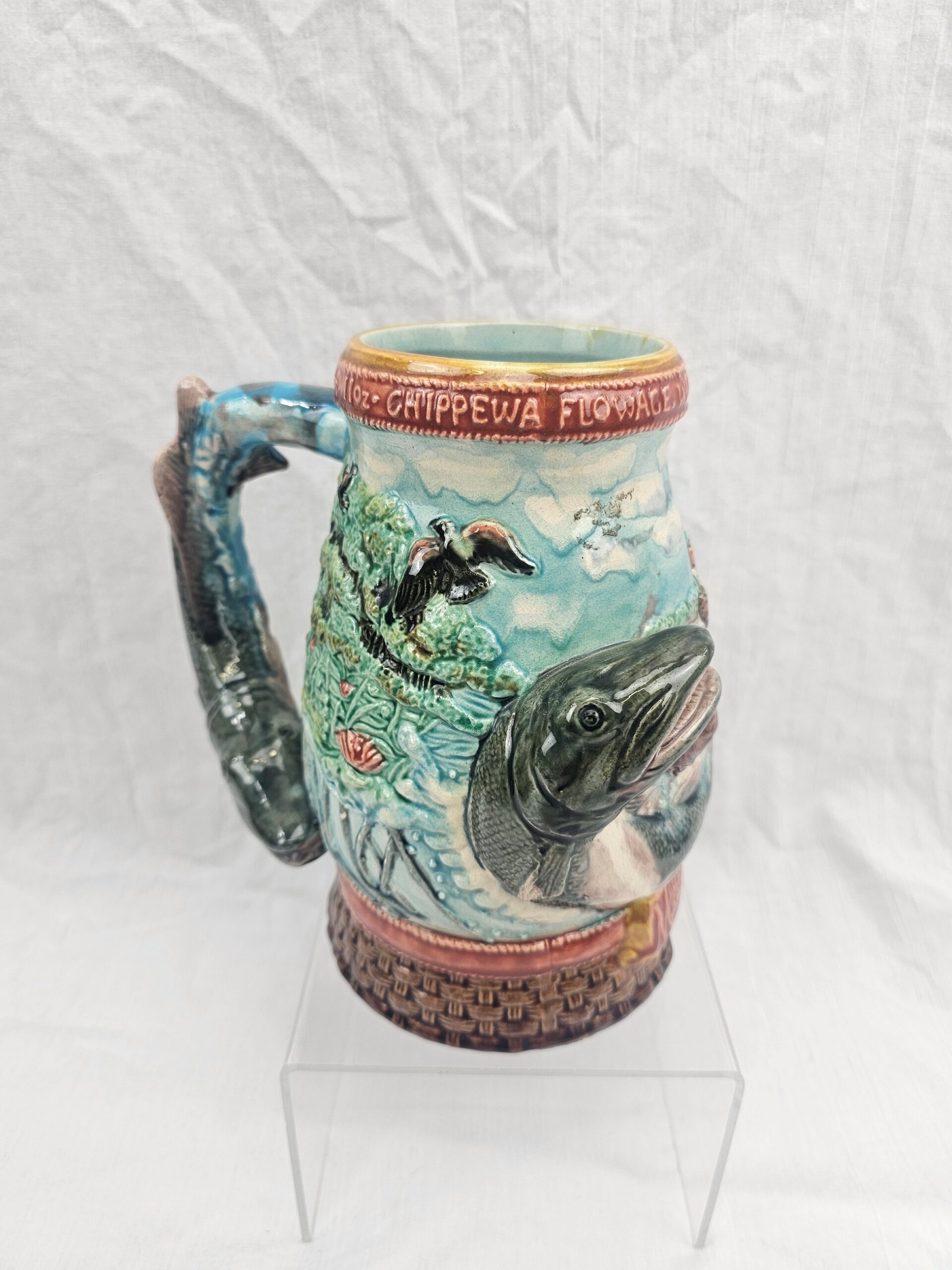USA 1949 Majolica Salmon Fishing Trophy Tankard