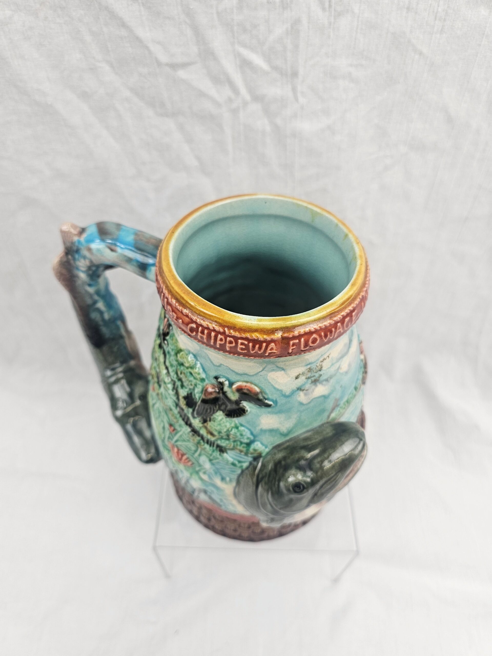 USA 1949 Majolica Salmon Fishing Trophy Tankard - Image 2