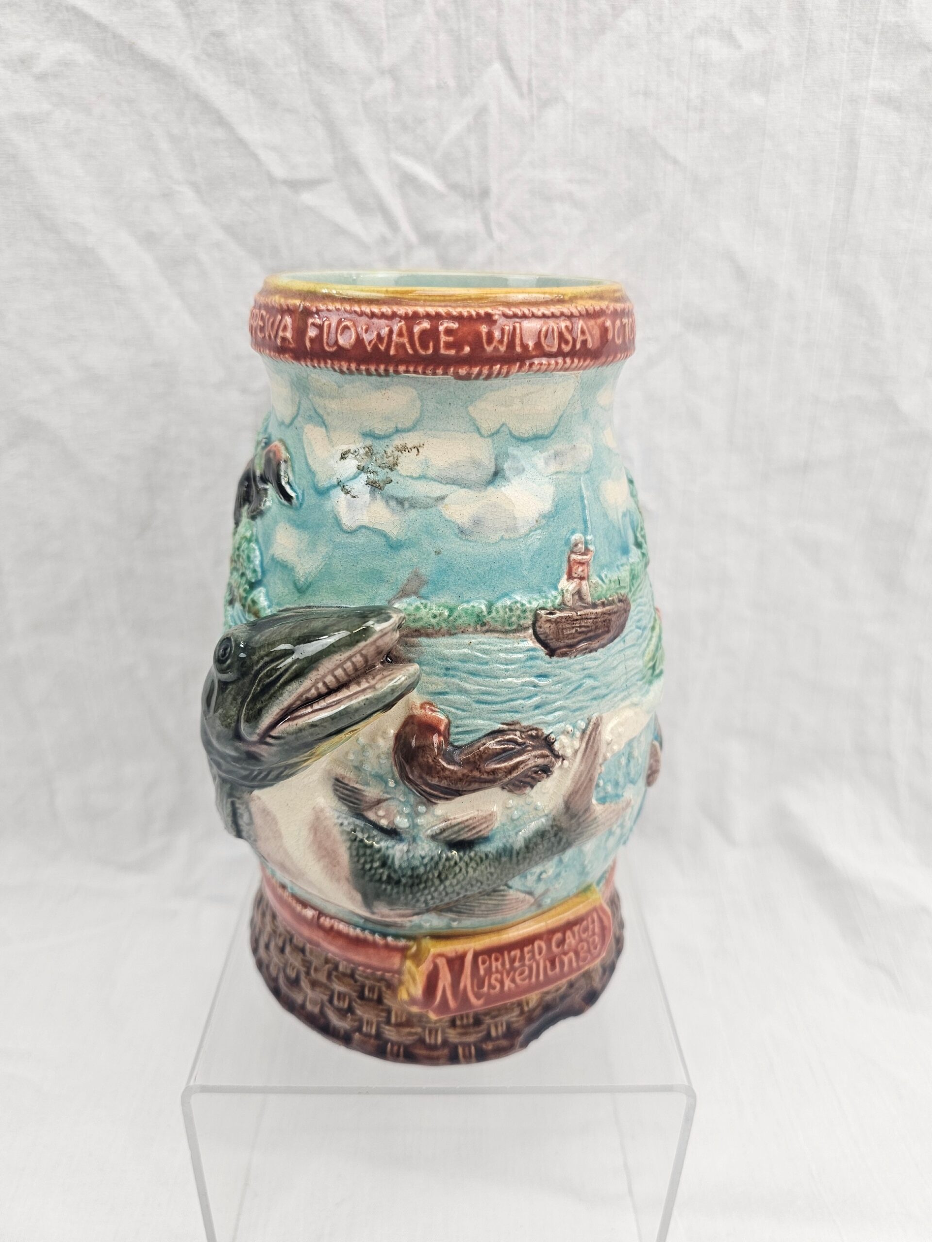USA 1949 Majolica Salmon Fishing Trophy Tankard - Image 3