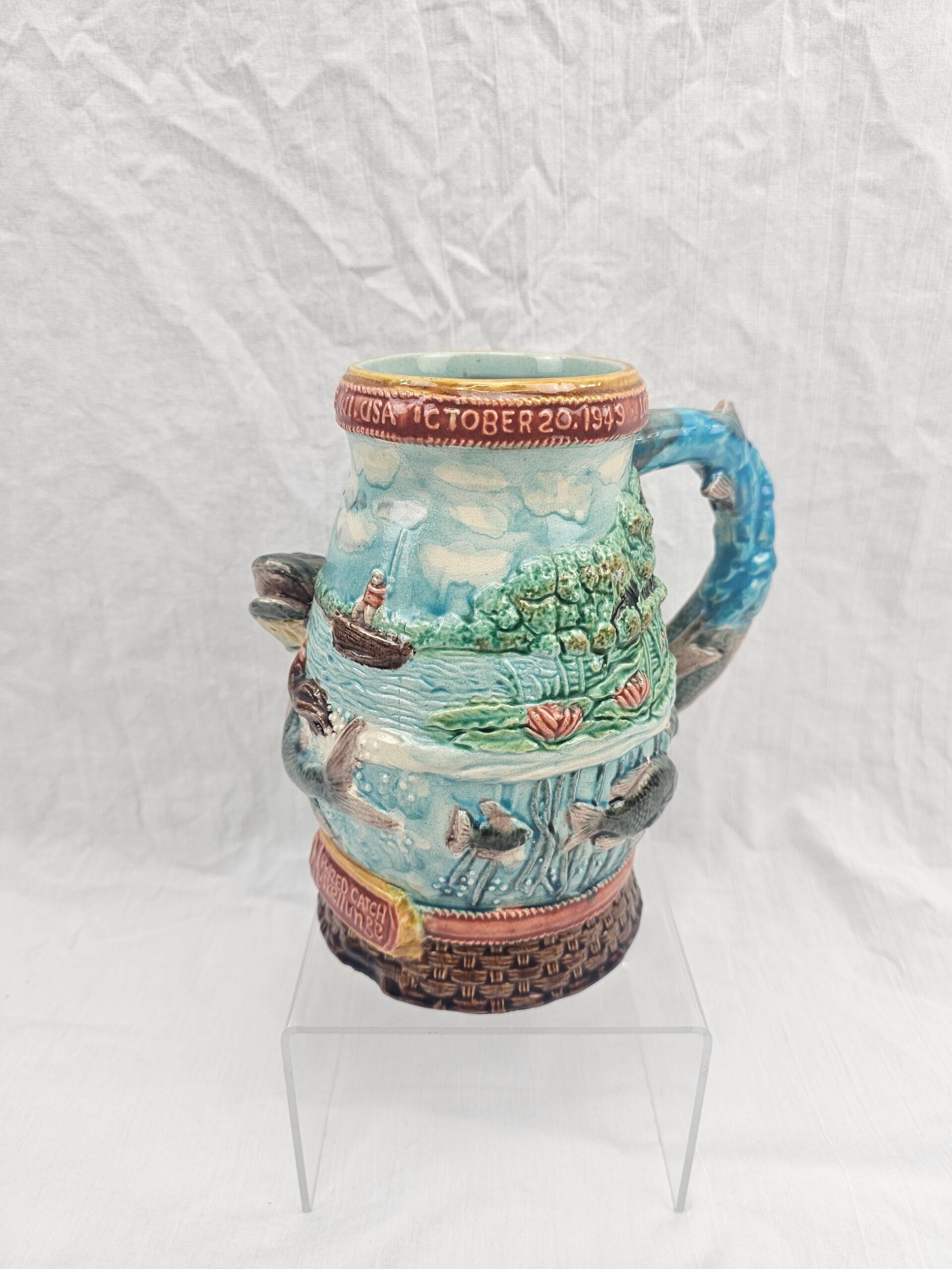 USA 1949 Majolica Salmon Fishing Trophy Tankard - Image 4