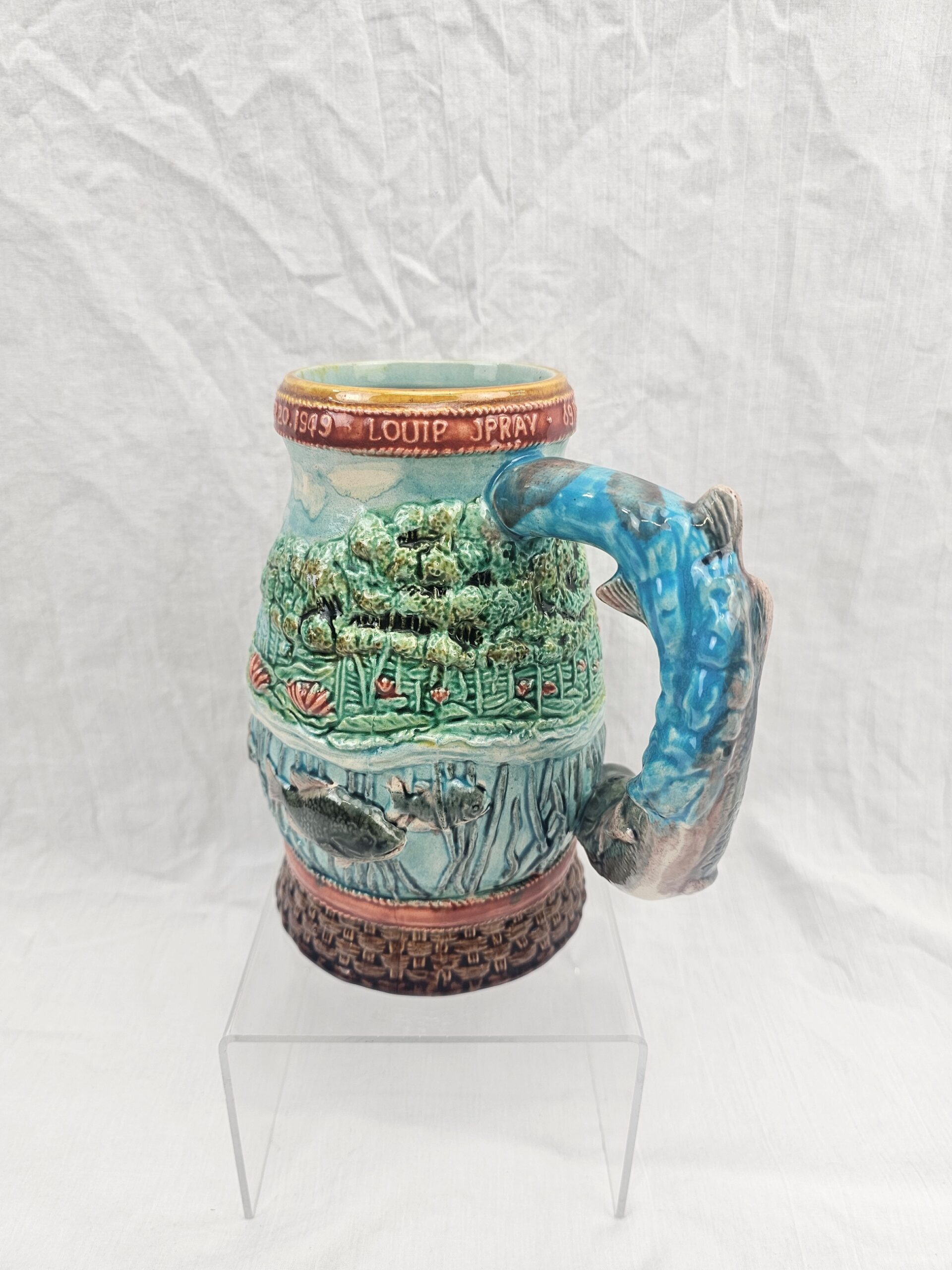 USA 1949 Majolica Salmon Fishing Trophy Tankard - Image 5