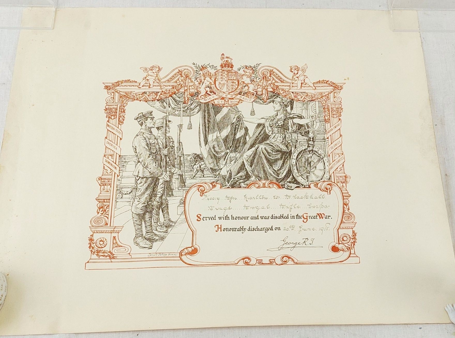 WW1 Honourable Discharge Certificate To Mr Blackhall