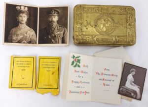 British, 1914, Princess Mary Christmas Gift Fund Brass Tin with Cards (Including Scarce Royal Message Card) and Packet Remains
