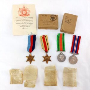 British, WWII, Navy Four Medal Group to Mr F. Fleming London SW16 — Original Admiralty Box & Papers with 1939-45 Star, Africa Star, Defence & War Medals