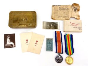 British, WWI, War & Victory Medals to Pte. W.M. Probert Royal Fusiliers with Original MOD Box AND Princess Mary Tin with 1914 & 1915 Cards, Photo & Ephemera