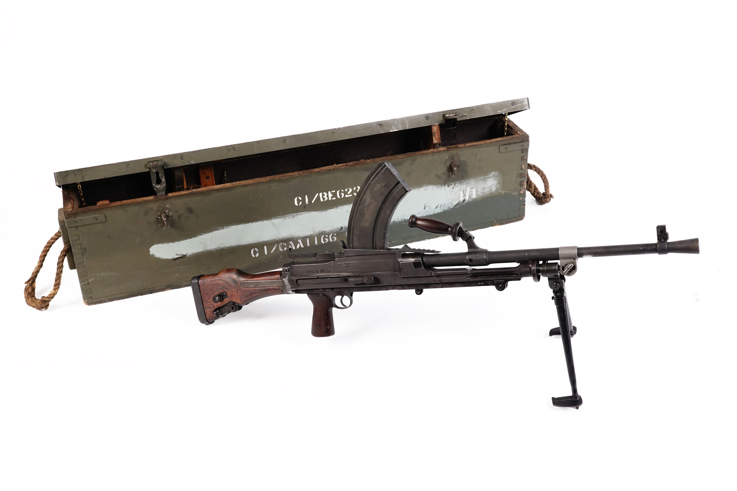 British, WW2, Inglis Bren Mk I(M) .303 Light Machine Gun, with Bipod, Original Transit Crate, Dated 1942, Deactivated