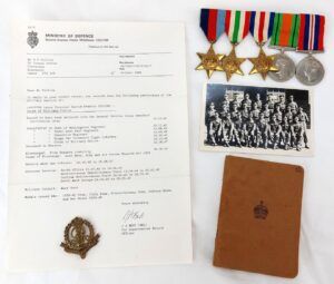British, WWII, 14415796 L/Cpl Harold Francis Collins - 5 Medal Bar & Military Police Cap Badge, Full Service History, Photograph & Bible