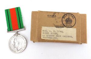 British, WWII, Defence Medal in Original Air Ministry Box, Addressed to Mrs R. E. Lowe, Likely RAF Officer’s Medal or Possible WAAF Recipient, Bournemouth