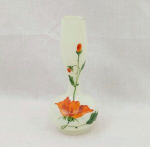 Bohemian Victorian Opaline Uranium Glass Vase With Enamel Decoration