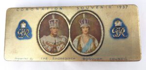 British, Interwar-1937, Rowntree Coronation Souvenir Tin, Presented by Shoreditch Borough Council