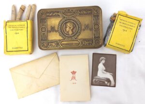 British, WW1-1914, Princess Mary Christmas Gift Tin, with Cigarettes, Tobacco, Card & Photograph