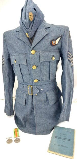 British, WW2, RAF Group to Sergeant Geoffrey Harrison — Uniform, Cap, Flying Log Book & Pair of Medals