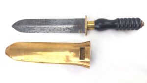 British, WWII Era, Siebe Gorman Diver’s Knife with Push-Fit Brass Scabbard, Serrated Edge