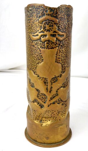 Imperial German, WW1, Trench Art Shell Case Vase – Dated 1917, Royal Artillery Motif, Made by Artillerie Werkstatt Dresden