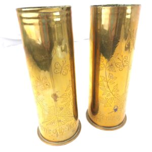 Imperial German, WW1, Pair of Trench Art Shell Case Vases — Dated 1917 & 1918, “World War” & “World Peace” Commemorative Engravings