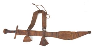 Sudan, Early 20th Century, Kaskara Sword with Tooled Leather Scabbard and Complete Suspension Harness (Beja Tribes)