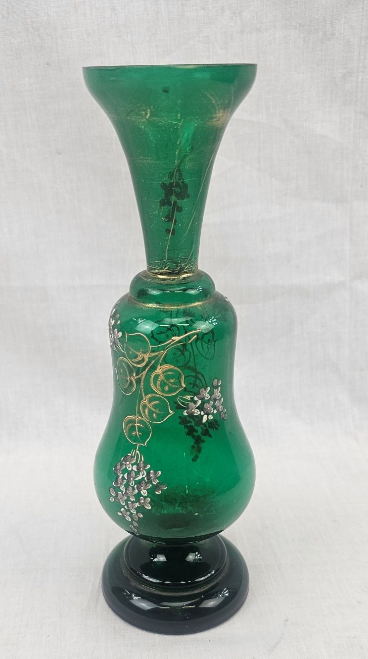 Victorian Bohemian Glass Vase With Enamel Floral Decoration