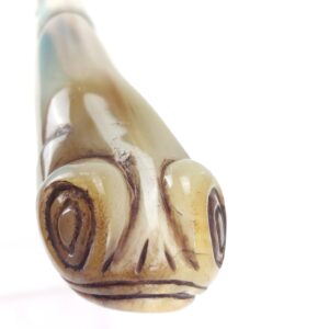 Antique Walking Cane – Frog / Snake Head Carved Horn Handle, Silver Plated Collar, Partridge Wood Shaft, 89cm