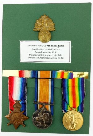 British, WWI, Medal Trio to L.Cpl William Gater, Royal Fusiliers, Severely Wounded 1916 (Amputation), with Discharge Papers & Research Archive