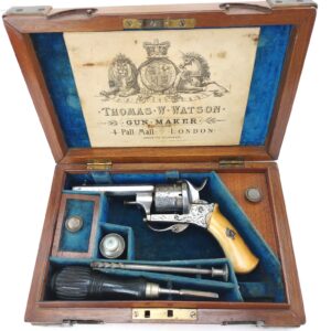 British, c.1860, Cased 6-Shot Tranter Revolver, by Thomas W. Watson, Pall Mall, with Accessories, in Brass-Bound Burr Walnut Case, Obsolete Calibre
