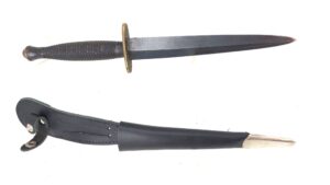 British, Post-War, 3rd Pattern Fairbairn-Sykes Fighting Knife, J. Nowill & Sons, Sheffield England, with Black Leather Sheath