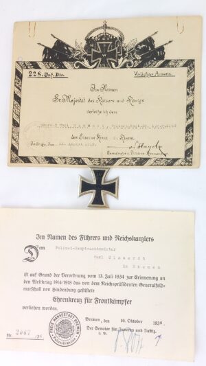 German, WW1 & Interwar, Iron Cross 1st Class, with Citations to Police Hauptwachtmeister Karl Glauerdt, Feldartillerie-Regiment 39