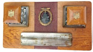 German, WWII, Kriegsmarine Desk Set with Mounted High Seas Fleet Badge and Reichsadler Inkwell Lids