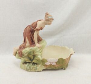 c1918 Royal Dux Bisque Porcelain Shell Maiden Figural Bowl #598