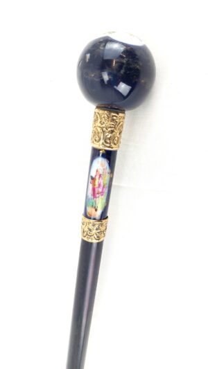 Late Victorian, Antique Walking Stick with Hand-Painted Sèvres Style Porcelain Ball Handle and Georgian Courting Scenes, Gilt Collars