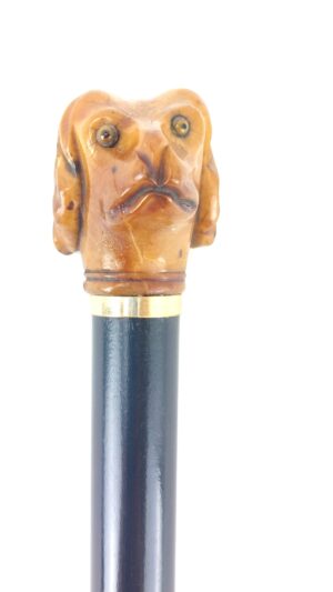 Late Victorian Antique Walking Stick with Carved Tagua Nut Spaniel Dog Handle
