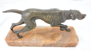 Pointer Dog Sculpture, Bronze on Quartz