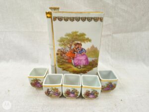 Vintage Ceramic Limoges Au Plaisir Des Dames Book Flask And Five Shots
