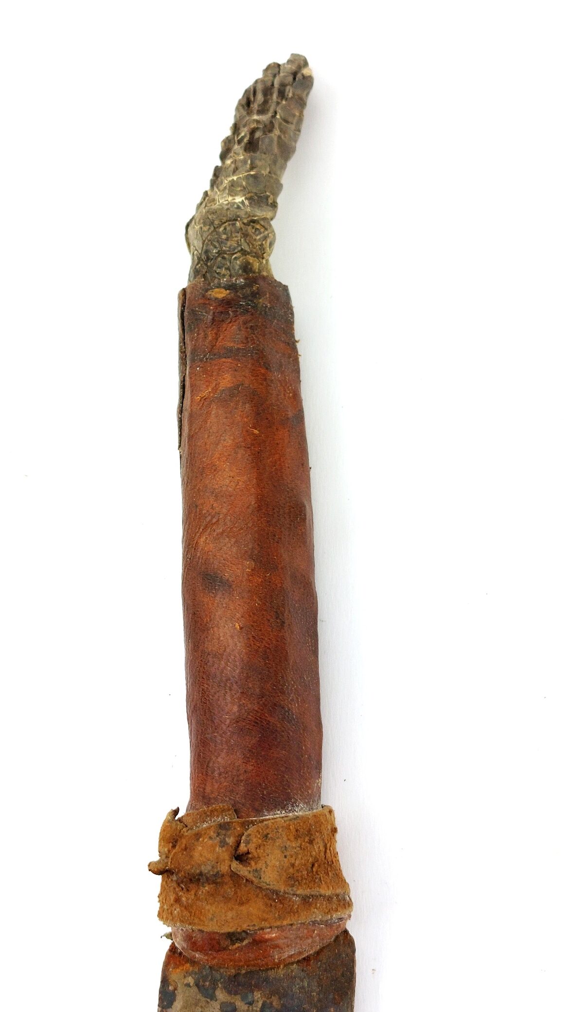 West African Tribal Dagger with Crocodile-Skin Grip and Cowrie-Decorated Sheath - Image 17