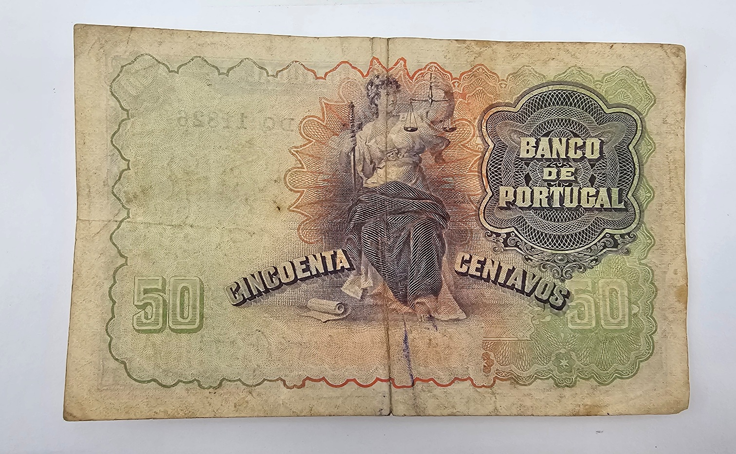 1918 Portugal 50 Centavos Banknote