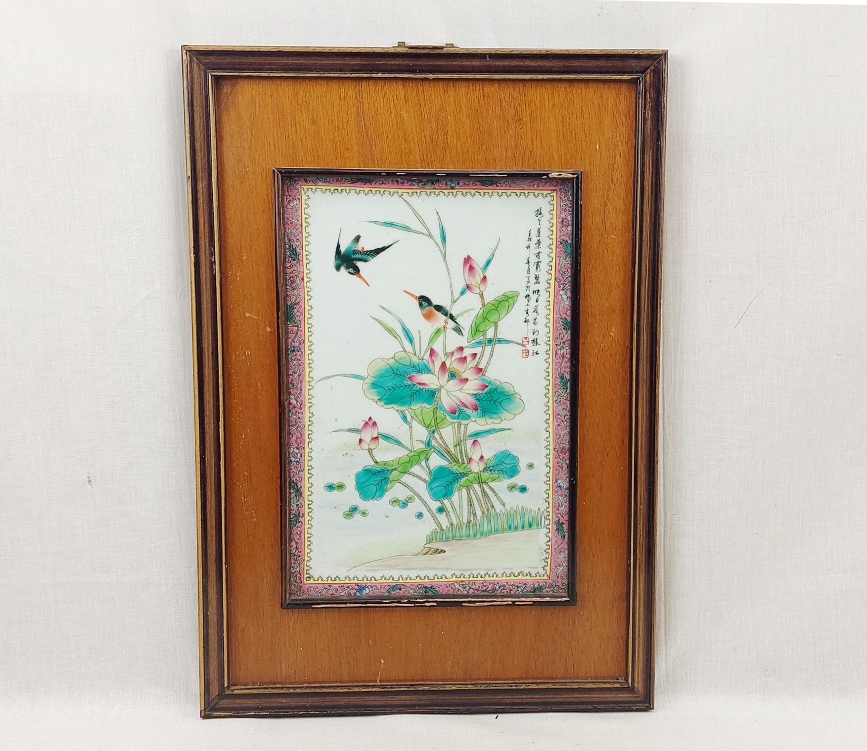 1950s Chinese Famile Rose Hand Painted Porcelain Plaque