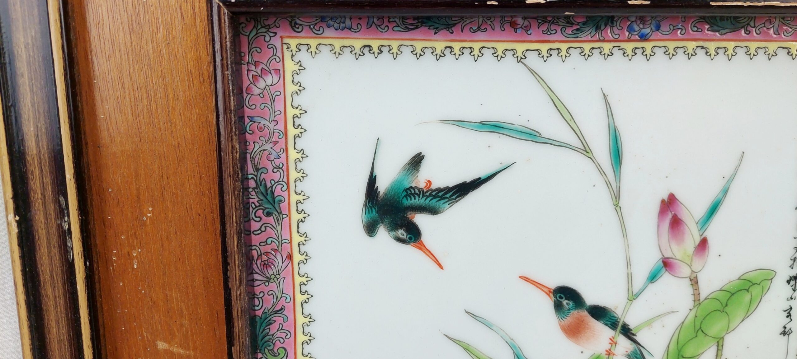 1950s Chinese Famile Rose Hand Painted Porcelain Plaque - Image 2