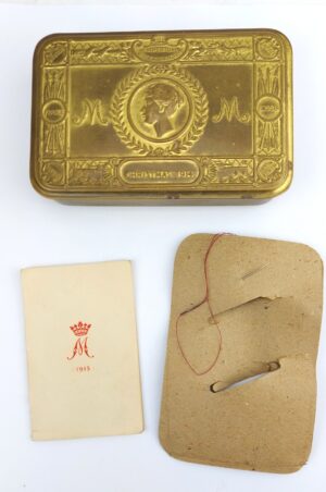 British, WW1-1914, Princess Mary Christmas Gift Fund Brass Tobacco Tin with Original 1915 Card and Sewing Kit