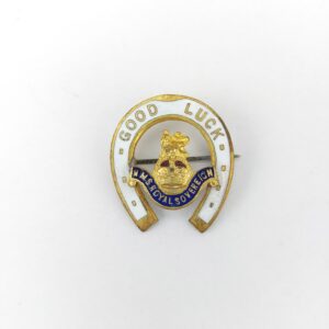 British, WWII, Royal Navy Sweetheart Brooch – HMS Royal Sovereign, “Good Luck” Horseshoe, Enamel & Gilt