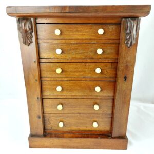 British, c. 1890 – Antique Small Mahogany Wellington Collectors Chest, Signed B. Shepherd