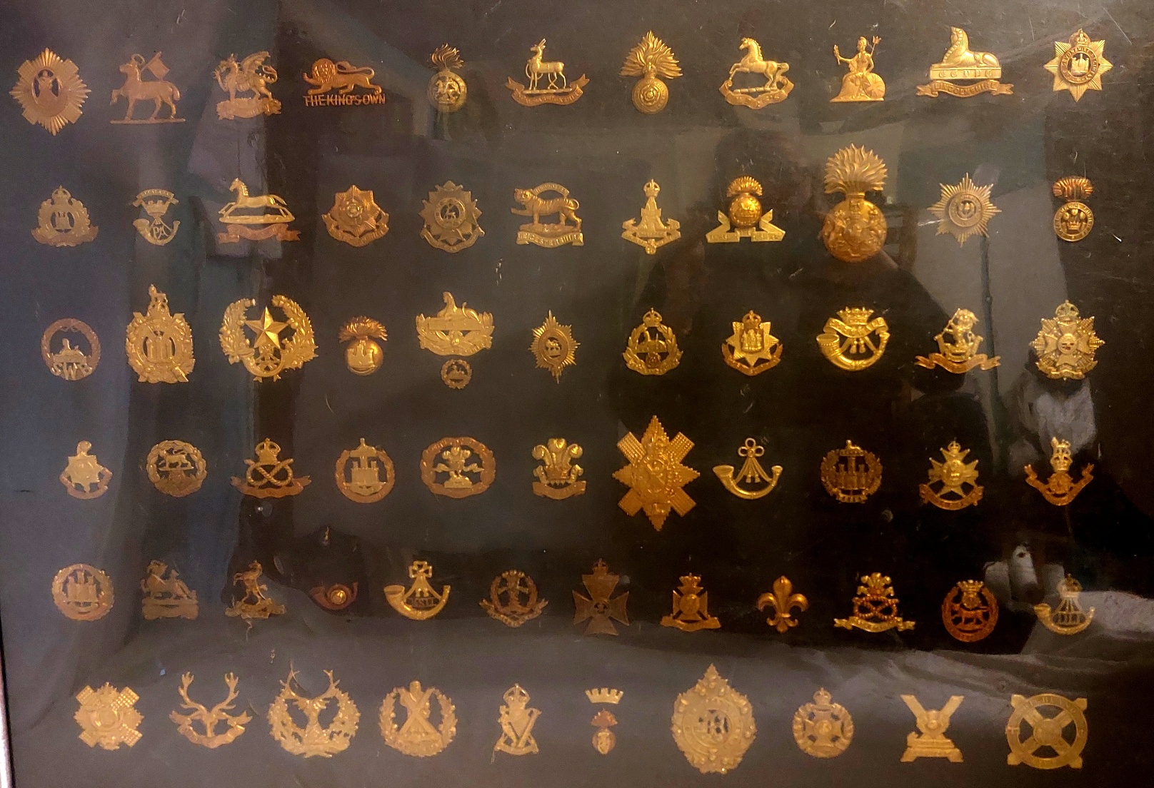 British, cWW1-WW2, Framed Display of 66 Original Brass & Gilding-Metal Army Cap Badges - Image 2