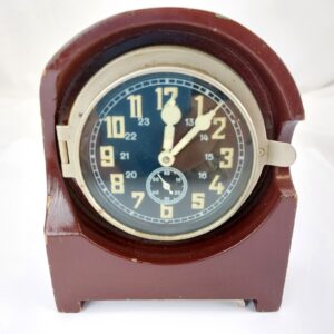 German, c1950s, Gebrüder Bäuerle A.G. “Stationsuhr” / Funkraumuhr – Military Clock – Bundeswehr Issue with Wooden Case and Fold-Out Legs