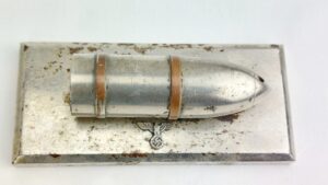 German, WWII, Trench Art Desk Paperweight – Miniature Shell on Base with Eagle Device