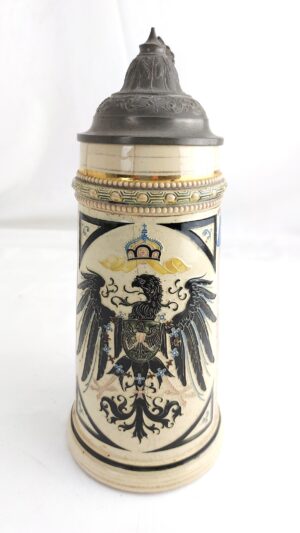 Imperial German, c.1900, 1-Litre Adolf Diesinger Majolica Beer Stein, Form No. 1306, “A.D.H. Reichs Zinn” Pewter Lid