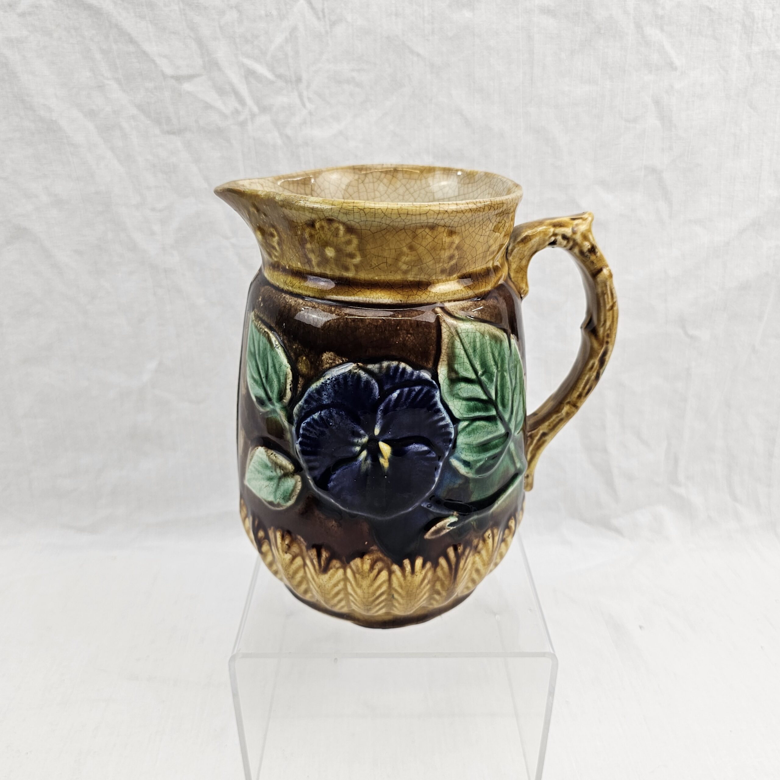 Majolica Iris Flower Pottery Jug