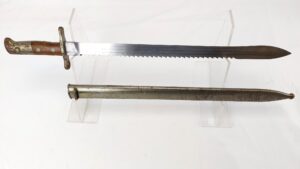 Swiss, c.1914–1941, M1914 Schmidt–Rubin Sawback Bayonet, by Waffenfabrik Neuhausen, with Steel Scabbard by Paillard AG of St. Croix