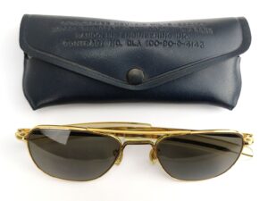 USA, c.1990, Randolph Engineering HGU-4/P Aviator Sunglasses, MIL-S-25948J, DLA 100-90-C-4143, Gold Finish, Original USAF Issue Case